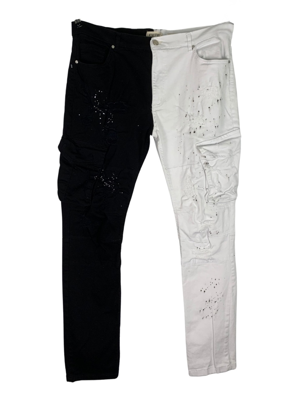Men's Slim Two-Tone Black & White Jeans Paint-Splatter Detail 40 Y2K Streetwear